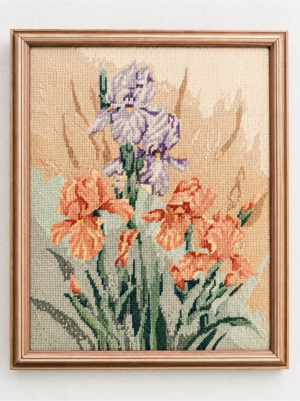 Vintage Framed Floral Needlepoint Wall Art - Orange & Lavender Irises